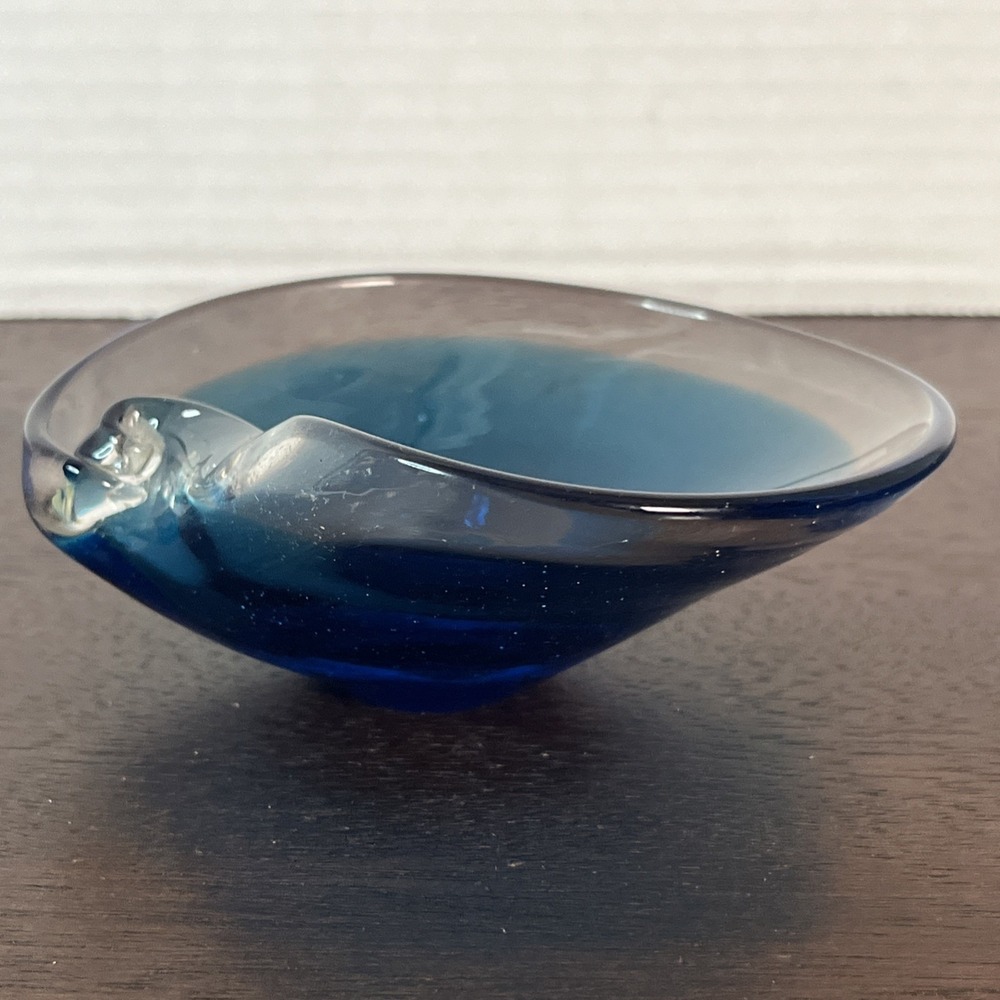 Vintage Art Glass Bowl Encased Cobalt Blue to Clear Small Trinket Jewelry Dish